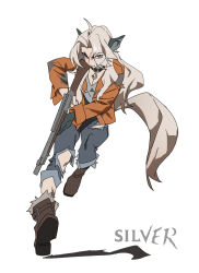  1girl animal_collar animal_ears boots character_name collar crescent crescent_necklace deadlock_(game) full_body gun highres holding holding_gun holding_weapon jacket jewelry long_hair long_sleeves looking_at_viewer necklace orange_jacket pants plumblossom91 pump_action running running_towards_viewer scar scar_on_face shotgun silver_(deadlock) simple_background solo standing tail torn_clothes torn_jacket torn_pants weapon werewolf white_background white_hair wolf_ears wolf_girl yellow_eyes 