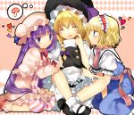  alice_margatroid arm_hug blonde_hair bloomers blue_eyes bobby_socks braid buttons girl_sandwich hairband hanabana_(notenotenote) hanabana_tsubomi hat heart highres hug indian_style kirisame_marisa long_hair mary_janes multiple_girls mushroom no_nose patchouli_knowledge purple_eyes purple_hair shoes short_hair sitting socks sweatdrop thought_bubble touhou wariza witch_hat 