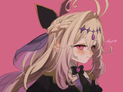  1girl antenna_hair black_bow black_capelet black_dress blonde_hair bow brooch capelet commentary_request cure_arcana_shadow diamond_hairband dress gradient_hair hair_intakes heart heart_brooch highres jewelry long_hair magical_girl meitantei_precure! moria_luluka multicolored_hair precure purple_veil simple_background solo uki_bukuro veil violet_eyes 