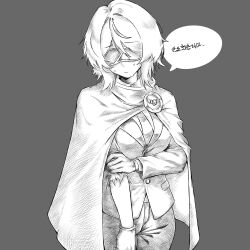  1girl breasts cloak closed_mouth commentary_request cowboy_shot eye_mask faust_(project_moon) gloves half_eye_mask highres index_(identity)_(project_moon) korean_commentary large_breasts limbus_company mask monochrome necktie project_moon shirt short_hair simple_background solo speech_bubble suit sweat torn_clothes torn_shirt torn_sleeve user_pstz8335 white_hair 