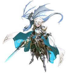  1boy absurdres armor bad_link blonde_hair blue_eyes breastplate cape dragon ezr_bb facial_mark forehead_mark full_body gauntlets greaves highres holding holding_jewelry holding_necklace holding_sword holding_weapon jewelry looking_at_viewer necklace original shoulder_armor simple_background small_dragon sword tachi-e vambraces weapon white_background 
