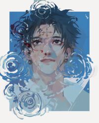  1boy black_hair blood border chrollo_lucilfer cross_tattoo earrings facial_mark facial_tattoo forehead_mark forehead_tattoo glowing glowing_earrings highres hunter_x_hunter jewelry male_focus nosebleed shirt short_hair simple_background solo tattoo twistedfei underwater upper_body white_border white_shirt 