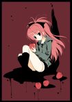  apple black_eyes boots border casual food fruit mahou_shoujo_madoka_magica ponytail red_hair redhead sakura_kyouko shirogane_hina shorts sitting solo 