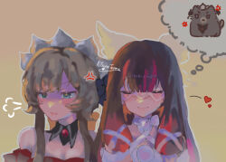 2girls anger_vein bare_shoulders black_bow black_hair blue_eyes bonnet bow brown_hair closed_eyes closed_mouth columbina_(genshin_impact) detached_collar detached_sleeves dog dress eye_mask genshin_impact hair_ornament head_wings heart kitsunetenma long_hair mask multicolored_hair multiple_girls portrait purple_hair purple_streaks ribbon sandrone_(genshin_impact) simple_background smile speech_bubble streaked_hair thought_bubble two-tone_hair white_bow white_dress white_wings wings yellow_background yuri 