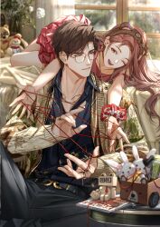 1boy 1girl absurdres animal_ears bear_ears belt black_pants black_shirt brown_hair collared_shirt curtained_hair dress earrings game_cg glasses highres hug hug_from_behind indoors jewelry light_and_night_love long_sleeves looking_at_another lu_chen lying necklace non-web_source official_art on_stomach one_eye_closed open_mouth pants pink_hair protagonist_(light_and_night_love) red_eyes ring scrunchie shirt smile stuffed_animal stuffed_toy teddy_bear window wrist_scrunchie 