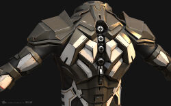  3d armor armored_bodysuit commentary company_logo company_name copyright_logo copyright_name dark_background dated english_commentary eve_online from_behind grey_armor grey_background highres logo marmoset_toolbag_(medium) maya_(medium) no_humans official_art realistic science_fiction simple_background undoz upper_body 