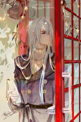  1boy absurdres belt black_belt buttons cael_anselm cael_anselm_(winter_wishes) chinese_commentary closed_mouth coat commentary_request dappled_sunlight dated double-breasted earrings hair_between_eyes happy_birthday highres holding holding_tanzaku jewelry lanfsir lapels long_hair long_hair_between_eyes long_sleeves looking_to_the_side lovebrush_chronicles male_focus notched_lapels official_alternate_costume opening_door phone_booth plaid_clothes plaid_coat purple_coat sign signature solo star_(symbol) sunlight sweater tanzaku teardrop_earrings turtleneck turtleneck_sweater upper_body violet_eyes white_sweater 