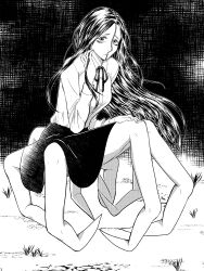  1girl absurdres arthropod_girl chainsaw_man closed_mouth collared_shirt commentary_request greyscale highres long_sleeves looking_at_viewer monochrome multiple_legs neck_ribbon princi_(chainsaw_man) ribbon shirt skirt solo spider_girl sudarere0122 