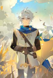  1boy absurdres alternate_costume bird blue_eyes blue_scarf blue_sky blurry chinese_commentary closed_mouth clouds cloudy_sky commentary_request crown day depth_of_field hair_between_eyes highres holding holding_sword holding_weapon honkai:_star_rail honkai_(series) hoyofair light_particles light_smile long_sleeves looking_at_viewer multicolored_eyes pants phainon_(honkai:_star_rail) scarf sky solo sorane_hexi standing sword too_many too_many_birds upper_body weapon wheat_field yellow_eyes 
