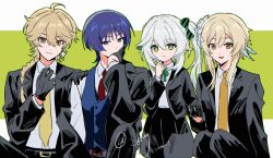  2boys 2girls adjusting_clothes adjusting_necktie aether_(genshin_impact) ahoge alternate_costume arm_at_side asymmetrical_sidelocks belt_buckle black_gloves black_jacket black_pants black_skirt black_sleeves blonde_hair blue_feathers blue_flower blue_vest border bow bowtie braid buckle choppy_bangs closed_mouth commentary_request contemporary covering_own_mouth cowlick cross-shaped_pupils dated dress_shirt earrings eyelashes eyeliner feather_hair_ornament feathers flower formal_clothes genshin_impact gloves green_background green_bow green_bowtie green_eyes green_hair hair_bow hair_flower hair_ornament hair_over_shoulder half-closed_eyes half_crown_braid half_gloves hand_on_another's_shoulder hand_on_own_face hand_over_own_mouth hands_up highres houhouhou0103 jacket jewelry lapels layered_sleeves leaf leaf_hair_ornament letterboxed long_hair long_sleeves looking_at_viewer low-braided_long_hair low-tied_long_hair lumine_(genshin_impact) makeup medium_skirt multicolored_flower multicolored_hair multiple_boys multiple_girls nahida_(genshin_impact) necktie open_clothes open_jacket pants pointy_ears purple_hair raised_eyebrows red_eyeliner red_necktie rounded_collar scaramouche_(genshin_impact) shirt short_hair short_hair_with_long_locks side_ponytail sidelocks single_off_shoulder sitting skirt smile standing star_(symbol) star_earrings streaked_hair striped_bow suit_jacket suit_pants symbol-shaped_pupils tsurime twitter_username undershirt vest violet_eyes wanderer_(genshin_impact) white_border white_flower white_hair white_shirt white_sleeves wing_collar yellow_eyes yellow_necktie yellow_pupils 