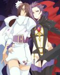  belt blue_eyes boots brown_hair cosplay crossdressinging gucha_(netsu) macross macross_frontier male multiple_boys purple_hair schwann_oltorain sheryl_nome sheryl_nome_(cosplay) spoilers tales_of_(series) tales_of_vesperia thigh-highs thigh_boots thighhighs yeager 