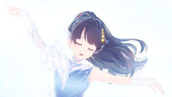  1girl :d absurdres arms_up blue_dress blue_hair blue_ribbon bridal_gauntlets closed_eyes collarbone commentary_request dress facing_viewer hair_ornament hair_ribbon highres icy_(love_live!) kannogi link!_like!_love_live! love_live! mole mole_on_neck murano_sayaka open_mouth outstretched_arms ponytail red_ribbon ribbon simple_background single_sleeve smile solo spread_arms star_(symbol) star_hair_ornament upper_body virtual_youtuber white_background white_bridal_gauntlets 