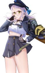  1girl black_choker black_coat black_gloves black_hat black_skirt breasts cain_lk choker closed_mouth coat coat_on_shoulders cropped_shirt fingerless_gloves glasses gloves goddess_of_victory:_nikke hand_on_own_hip hat high-waist_skirt highres light_blush long_hair medium_breasts neon_(nikke) neon_(vision_eye)_(nikke) official_alternate_costume red-framed_eyewear shirt sidelocks skirt smile solo standing thighs white_background white_hair white_shirt 