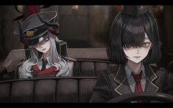  2girls absurdres black_hair black_halo black_horns blue_archive breasts car coat coat_on_shoulders commentary_request convertible curved_horns demon_horns driving garrison_cap gradient_halo gradient_horns grey_hair hair_over_one_eye halo hat highres holong5020 horns long_hair makoto_(blue_archive) medium_breasts motor_vehicle multicolored_halo multicolored_horns multiple_girls multiple_horns necktie pandemonium_society_member_(blue_archive) peaked_cap red_halo red_necktie 