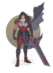  1girl absolute_dc absolute_wonder_woman amazon_warrior angry arm_tattoo arm_wrap armor artist_name black_cape black_hair black_lips cape closed_mouth collarbone commentary dark-skinned_female dark_skin dc_comics english_commentary full_body highres holding holding_sword holding_weapon huge_weapon looking_to_the_side muscular muscular_female red_tattoo solo studiotorei superhero_costume sword tattoo tattoo_sleeve tiara wavy_hair weapon wonder_woman wonder_woman_(absolute_dc) wonder_woman_(series) 