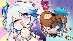  ;d beret black_ribbon blue_hair bracelet brown_hair brown_hat chair diamond-shaped_pupils diamond_(shape) english_commentary feathers folding_chair gacha_suffering gloom_(expression) gradient_hair hair_ornament hand_to_own_mouth hat highres honkai:_star_rail honkai_(series) indie_virtual_youtuber jewelry meme mina_aoyama multicolored_hair one_eye_closed peacock_feathers_hair_ornament rewuyuu ribbon second-party_source shinji_in_a_chair_(meme) smile sparkle star_rail_special_pass_(honkai:_star_rail) sunburst symbol-shaped_pupils white_hair yao_guang_(honkai:_star_rail) 