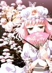  butterfly cherry_blossoms fan folding_fan full_moon ghost hat hazakura_satsuki japanese_clothes moon petals pink_eyes pink_hair saigyouji_yuyuko solo touhou tree 