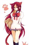  animal_ears bag bow cat_ears cat_tail food highres hiyori7 kemonomimi_mode kneehighs long_hair mahou_shoujo_madoka_magica mouth_hold paper_bag paw_print red_eyes red_hair redhead sakura_kyouko school_uniform shiny shiny_skin simple_background solo tail taiyaki very_long_hair wagashi 