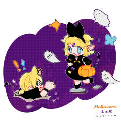  ! 1boy 1girl black_dress blonde_hair blue_eyes bucket commentary demon_tail dress fang ghost gloves hair_ornament halloween halloween_bucket halloween_costume heart heart_hair_ornament highres holding holding_bucket hooded_dress kagamine_len kagamine_rin open_mouth outline pointy_ears tail vocaloid white_outline zeriko 