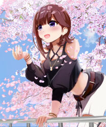 1girl :d absurdres arm_support bare_shoulders belt blue_sky bracelet brown_hair brown_ribbon bunny_tail cherry_blossoms detached_sleeves earrings from_below hand_on_railing hand_up highres hololive leaning_forward long_sleeves looking_up nail_polish navel necklace puffy_long_sleeves puffy_sleeves purple_eyes railing ribbon star_(symbol) star_earrings tokino_sora tokino_sora_(8th_costume)