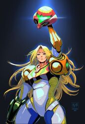  1girl a.b.singh arm_cannon arm_up armor assault_visor blonde_hair blue_eyes commentary cowboy_shot english_commentary hair_down helmet highres lips long_hair looking_at_viewer metroid metroid_dread neon_trim power_armor power_suit power_suit_(metroid) samus_aran science_fiction simple_background solo unworn_headwear unworn_helmet varia_suit weapon 