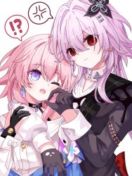  !? 2girls anger_vein black_choker black_gloves bow buttons choker collar commentary_request dual_persona earrings evernight_(honkai:_star_rail) flower gloves hair_flower hair_ornament hairclip highres hitsuki_(ruon) honkai:_star_rail honkai_(series) jewelry long_sleeves march_7th_(honkai:_star_rail) march_7th_(preservation)_(honkai:_star_rail) multicolored_eyes multiple_girls one_eye_closed parallel_hairclips pink_hair red_eyes shirt single_earring speech_bubble thought_bubble two-tone_eyes white_background yuri 