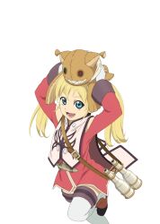  1girl alternate_costume anise_tatlin anise_tatlin_(cosplay) arms_up artist_request black_tabard black_trim blonde_hair blue_eyes child cosplay cowboy_shot doll game_cg gloves hands_up holding holding_doll long_hair looking_at_viewer lower_teeth_only official_art open_mouth patty_fleur simple_background smile solo standing standing_on_one_leg tabard tales_of_(series) tales_of_asteria tales_of_the_abyss tales_of_vesperia teeth thigh-highs third-party_source transparent_background twintails white_gloves white_tabard white_thighhighs 