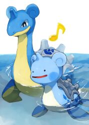  closed_mouth ditto hat highres horns kou11021301 lapras no_humans open_mouth partially_submerged pokemon pokemon_(creature) pokemon_focus pokemon_pokopia single_horn smile swimming transformed_ditto water white_hat 