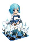  blue_eyes boots cape checkered checkered_floor chibi hand_on_hip hips magical_girl mahou_shoujo_madoka_magica miki_sayaka neko_sakana short_hair solo sword thigh-highs thighhighs weapon zettai_ryouiki 