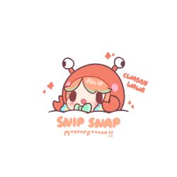  1girl :d blush bow bowtie censored censored_text chibi chibi_only commentary crab_costume decrilus english_commentary english_text green_bow green_bowtie highres hololive hololive_english open_mouth orange_hair profanity short_hair simple_background smile solo takanashi_kiara virtual_youtuber white_background 