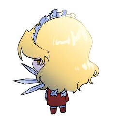  1girl apron back_ribbon blonde_hair bow chibi chibi_only commentary_request dress from_behind hair_ornament highres holding holding_sword holding_weapon korean_commentary long_hair looking_at_viewer lovelobten maid maid_headdress red_dress ribbon solo sword touhou touhou_(pc-98) weapon white_background yellow_eyes yumeko_(touhou) 