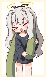  >_< 1girl :d absurdres black_shirt blue_archive blush border brown_border chibi closed_eyes commentary_request facing_viewer feet_out_of_frame grey_hair hair_intakes halo hana_kazari hare_(blue_archive) hare_(pajamas)_(blue_archive) highres long_hair long_sleeves shirt smile solo standing very_long_hair white_background xd 