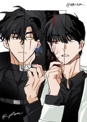  2boys black_coat black_eyes black_hair black_shirt coat collared_shirt colored_veins commentary demon_horns dual_persona hand_up heterochromia highres horns kim_dokja looking_at_another male_focus multiple_boys omniscient_reader's_viewpoint open_clothes open_coat red_eyes revealing_layer scar scar_across_eye scar_on_face secretive_plotter shirt short_hair sideways_glance theion17 upper_body white_coat yellow_eyes yoo_joonghyuk 