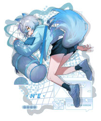  1boy animal_ears bag black_shorts black_socks blue_jacket brown_eyes commentary_request cursor dog_boy dog_ears dog_tail duffel_bag error_message grey_hair grey_shoes hair_between_eyes hayama_eishi highres jacket long_sleeves male_focus open_clothes open_jacket original puffy_long_sleeves puffy_sleeves shirt shoe_soles shoes shorts sleeves_past_wrists socks solo tail white_shirt window_(computing) 