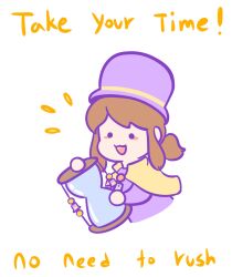  1girl :3 a_hat_in_time brown_hair cape child commentary cropped_torso english_text hat hat_kid hat_ribbon hatnyangii highres holding_hourglass hourglass jacket long_sleeves medium_hair notice_lines open_mouth ponytail protected_link purple_hat purple_jacket ribbon sidelocks solo top_hat white_background yellow_cape yellow_ribbon zipper_pull_tab 
