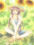  braid brown_hair closed_eyes eyes_closed flower hands_on_feet happy hat indian_style long_hair original ribbon sandals shorts sitting sketchbook smile solo sunflower twin_braids ujou_kazuki 