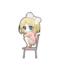  1girl artist_request bad_link blonde_hair blue_eyes blush bow chair chibi chibi_only crossed_arms from_side hair_bow hair_ornament hairclip jacket kagamine_rin looking_at_viewer on_chair parallel_hairclips pink_jacket sandals short_hair sitting solo squatting transparent_background twinkle_(vocaloid) vocaloid white_bow 