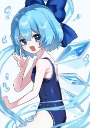  1girl armpit_crease armpits bare_legs bare_shoulders blue_eyes blue_hair blue_one-piece_swimsuit blue_ribbon breasts cirno commentary_request competition_school_swimsuit competition_swimsuit from_side hair_ribbon highres ice ice_wings looking_at_viewer medium_hair one-piece_swimsuit open_mouth ribbon school_swimsuit simple_background small_breasts smile solo swimsuit touhou v v-shaped_eyebrows water white_background wings yashikikoi 
