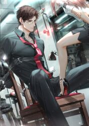  1boy 1girl absurdres anklet arms_behind_back black_pants black_shirt black_skirt blurry bound brown_hair collared_shirt cuffs curtained_hair depth_of_field game_cg glasses handcuffs high_heels highres indoors jewelry light_and_night_love lu_chen necktie non-web_source official_art pants pencil_skirt pink_hair protagonist_(light_and_night_love) red_eyes red_necktie restrained shirt short_sleeves sitting skirt sleeves_rolled_up smile solo_focus white_shirt 