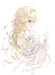  1girl absurdres ahoge blonde_hair breasts brown_eyes character_request commission copyright_request cropped_torso dress eyelashes flower frilled_sleeves frills from_side hair_flower hair_intakes hair_ornament hair_ribbon half_updo heart highres long_hair long_sleeves medium_breasts mihuashi_commission musi_jianglin off-shoulder_dress off_shoulder parted_lips profile red_ribbon ribbon simple_background solo too_many_watermarks watermark white_background wide_sleeves 