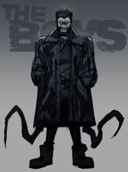  1boy absurdres beard billy_butcher black_coat black_hair coat facial_hair full_beard highres male_focus mature_male open_clothes open_coat skullvolver solo tentacles the_boys thick_beard 
