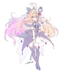  1girl antenna_hair black_bow black_capelet black_dress blonde_hair bow brooch capelet cure_arcana_shadow diamond_hairband dress frilled_capelet frilled_cuffs frills gradient_hair hair_intakes heart heart_brooch highres holding holding_rod jewelry long_hair looking_at_viewer magical_girl matsumoto_noriyuki meitantei_precure! moria_luluka multicolored_hair precure purple_veil purple_wrist_cuffs rod signature simple_background solo tear_arcana_rod veil very_long_hair violet_eyes white_background wrist_cuffs 