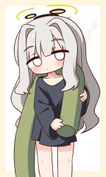  1girl absurdres black_shirt blank_eyes blue_archive blush border brown_border chibi closed_mouth feet_out_of_frame grey_hair hair_intakes halo hana_kazari hare_(blue_archive) hare_(pajamas)_(blue_archive) highres long_hair long_sleeves shirt solo standing very_long_hair white_background 