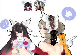  2girls artist_name bare_shoulders black_bow black_hair blue_eyes bonnet bow brown_hair closed_eyes columbina_(genshin_impact) cup detached_collar detached_sleeves dress eye_mask genshin_impact gloves hair_ornament head_wings holding holding_cup kitsunetenma long_hair mask multicolored_hair multiple_girls multiple_wings musical_note purple_hair purple_streaks ribbon sandrone_(genshin_impact) simple_background smile streaked_hair two-tone_hair white_background white_bow white_dress white_gloves white_wings wing_hair_ornament wings wrist_bow x-shaped_eyewear yuri 