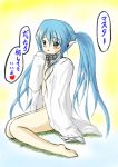  barefoot blue_eyes blue_hair blush collar no_pants nymph_(sora_no_otoshimono) open_clothes open_shirt shirt sora_no_otoshimono translated translation_request twintails 