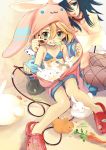  blonde_hair blue_eyes blue_hair bow breasts bunny bunny_ears bunnysuit candy carrot collar crocs hat hoodie large_breasts leash lettuce musical_note nail_polish original pantyhose rabbit striped striped_swimsuit swimsuit yoshii_dan zipper 