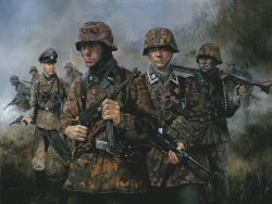  6+boys ammunition_belt ammunition_pouch belt belt_buckle black_belt black_boots black_hat boots brown_helmet brown_jacket buckle camouflage camouflage_helmet camouflage_pants chinstrap chris_collingwood cigarette closed_mouth collar_tabs collared_jacket combat_helmet cowboy_shot day explosive folded_stock grass grenade grey_hat grey_helmet grey_jacket grey_pants gun gun_sling handgun hat helmet holding holding_gun holding_weapon insignia jacket long_sleeves looking_to_the_side machine_gun male_focus mg42 military_combat_uniform military_hat military_jacket military_uniform mp40 multiple_boys nazi original outdoors over_shoulder pants pants_tucked_in peaked_cap pouch realistic reichsadler siegrunen smoke soldier ss_insignia stahlhelm standing stick_grenade stielhandgranate submachine_gun third-party_source totenkopf two-tone_hat waffen-ss walther_p38 weapon weapon_over_shoulder world_war_ii 