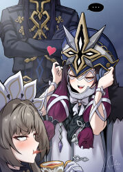  1boy 2girls absurdres black_hair capitano_(genshin_impact) closed_eyes columbina_(genshin_impact) commentary_request crossed_arms cup dasoin genshin_impact heart highres holding holding_cup korean_commentary multiple_girls purple_hair sandrone_(genshin_impact) solo_focus spit_take spitting 