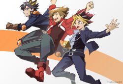  3boys black_hair black_shirt blonde_hair blue_jacket blue_pants brown_hair commentary_request duel_academy_uniform_(yu-gi-oh!_gx) facial_mark fudo_yusei hatsuka30 highres jacket male_focus millennium_puzzle multicolored_hair multiple_boys muto_yugi pants purple_hair red_jacket shirt spiky_hair two-tone_hair yu-gi-oh! yu-gi-oh!_5d's yu-gi-oh!_duel_monsters yu-gi-oh!_gx yuki_judai 