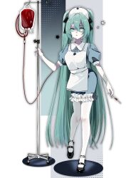  1girl absurdres apron aqua_eyes aqua_hair bandaid bandaid_on_arm black_ribbon black_shoes blood blood_bag blood_on_hands blue_dress colored_skin commentary_request contrast_collar dress facing_viewer fingernails flower_symbol full_body gothic_&amp;_horror_hatsune_miku_design_contest green_nails green_skin grey_background hair_between_eyes hair_ribbon hat hatsune_miku heterochromia highres holding holding_syringe iv_stand juna22_a long_fingernails long_hair looking_to_the_side mary_janes nurse nurse_cap pale_skin parted_lips puffy_short_sleeves puffy_sleeves ribbon shoes short_dress short_sleeves solo standing standing_on_one_leg stitched_arm stitched_face stitches syringe twintails very_long_hair vocaloid white_apron white_background white_skin zombie 